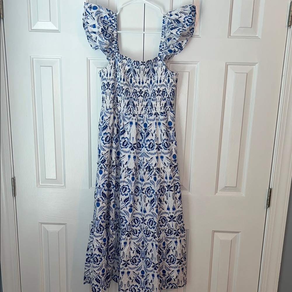 Blue and White Ruffled Smocked Maxi Sundress